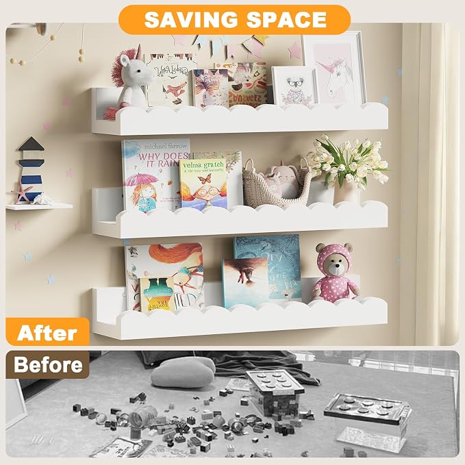 3-Pack Scalloped Shelves, Nursery Shelves, Floating Book Shelves for Wall | White Wall Shelves for Bedroom Kids, Toddler Room, Baby Room, Nursery Decor