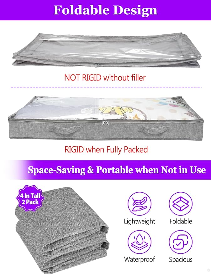 4-in Low Profile Under Bed Storage, No Structure, 2-Pack, Gray