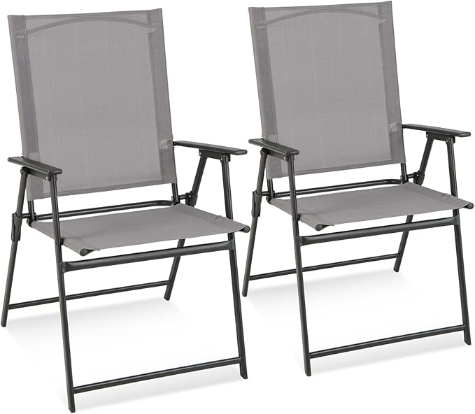 Tangkula Set of 2 Patio Folding Chairs, High Back Dining Chairs with Weather-Resistant Fabric, No Assembly, Outdoor Portable Metal Lawn Chairs with Armrests & Footrest for Garden