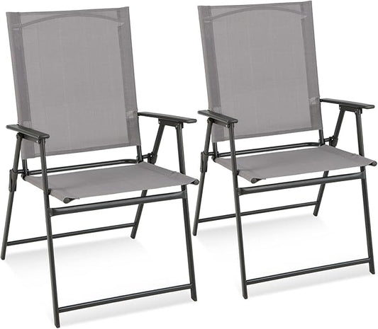 Tangkula Set of 2 Patio Folding Chairs, High Back Dining Chairs with Weather-Resistant Fabric, No Assembly, Outdoor Portable Metal Lawn Chairs with Armrests & Footrest for Garden