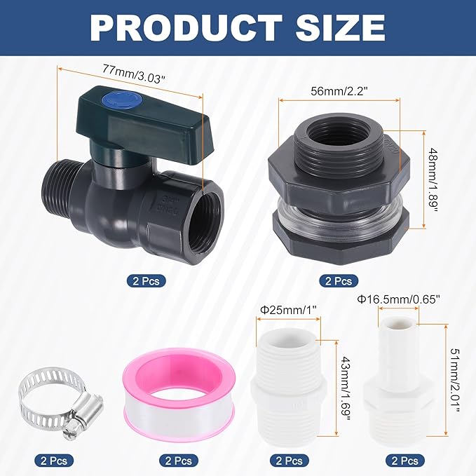 uxcell 2Set Rain Barrel Faucet Kits, Plastic Rain Barrel Spigot with 3/4" GHT Bulkhead Fitting, Garden Hose Adapter and Thread Seal Tape for Water Tank Aquarium, Gray