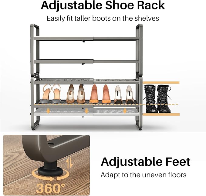 SNTD Expandable Metal Shoe Rack for Closet, Entryway & Garage, 4-Tier, Grey