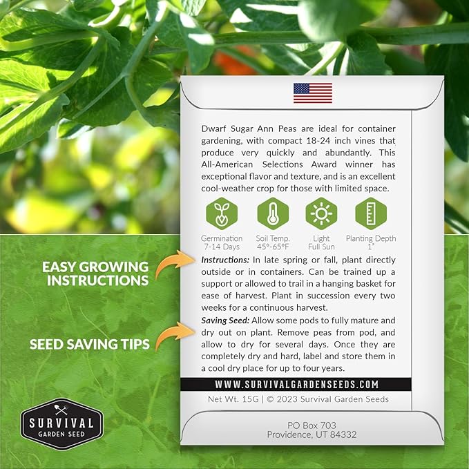 Sugar Ann Dwarf Pea Seeds for Planting - Compact Sugar Snap Peas for Containers and Small Gardens, High Yield Heirloom Open Pollinated Non-GMO - Survival Garden Seeds (2 Pack)