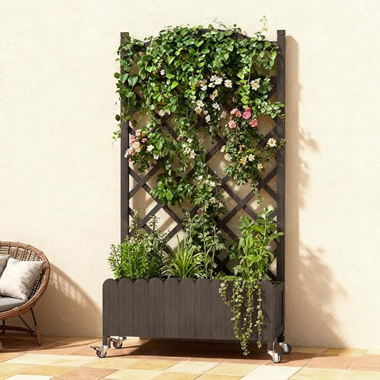 COMHOMA Raised Garden Bed with Trellis and Wheels,48Inch Elevated Planter Box with Drainage Holes,Lattice Privacy Screen for Climbing Plants Vegetables,Outdoor for Patio Balcony Yard,Brown