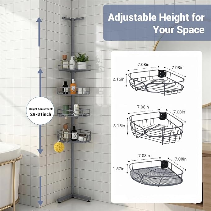 Standing Shower Caddy Corner, 4-Tier Adjustable Height Bathroom Organizer, 6-Section Pole, Sturdy Floor Standing Shelf for Shower – No Drilling, No Spring Tension (Gray)