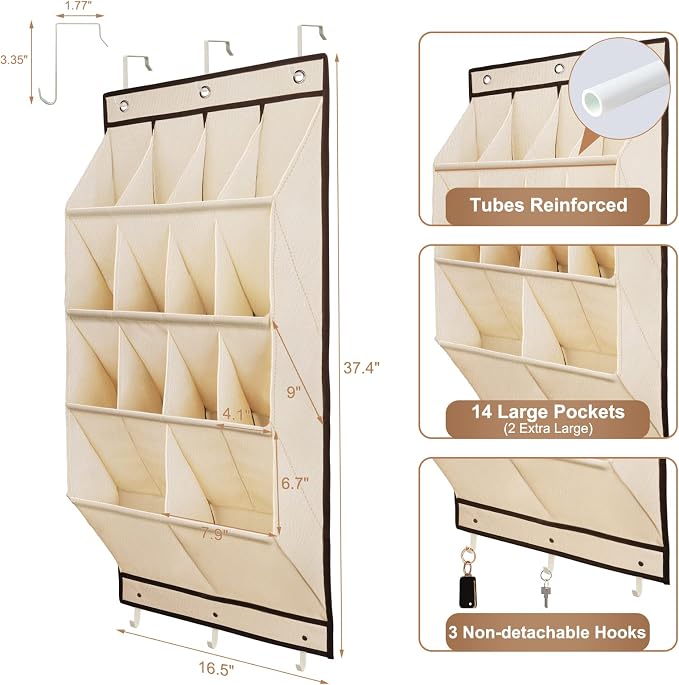 2 Pack Over the Door Shoe Organizers, Hanging Shoe Organizers Large Pockets | Shoe Storage for Closet, Shoe Holder for Boots, Sneakers, Heels, Hanging Shoe Organizer Shoe Rack for RV, Dorm, Home, Beige