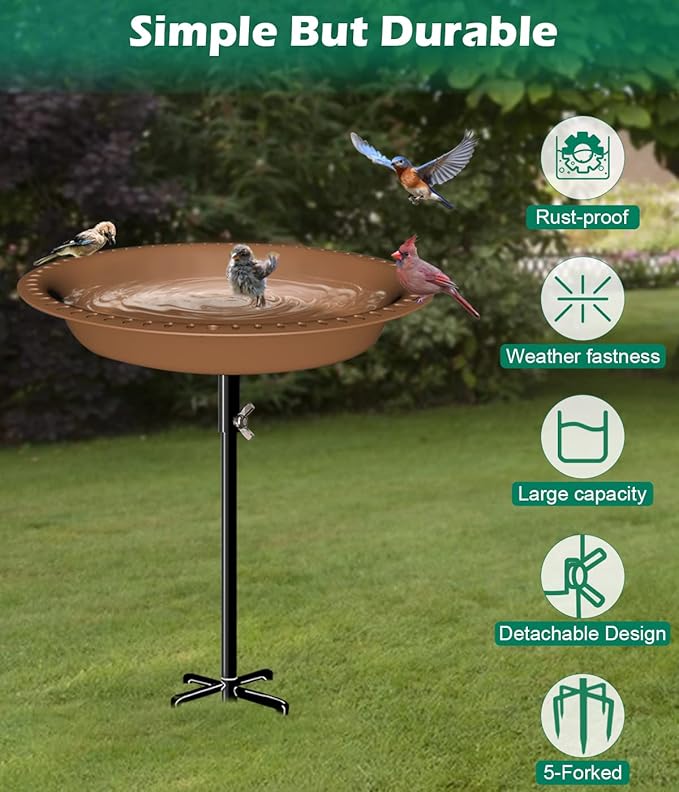 29 Inch Height Oval Shape Bird Bath for Outdoors, Detachable 5-Prong Birdbath Bowl Spa & Birdfeeder with Metal Stake Stand for Outside Garden, Brown