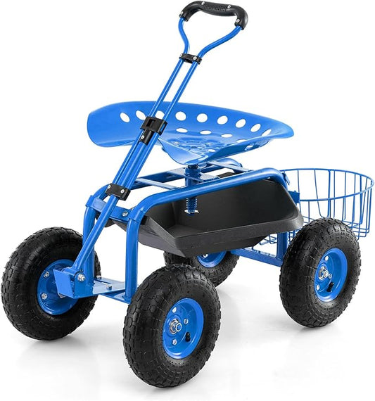 Giantex Rolling Garden Workseat with Wheels, 360 Degree Swivel Gardening Stool Cart with Storage Basket, Adjustable Height, Steering Handle, Steel Frame, Outdoor Work Seat for Planting Triming (Blue)