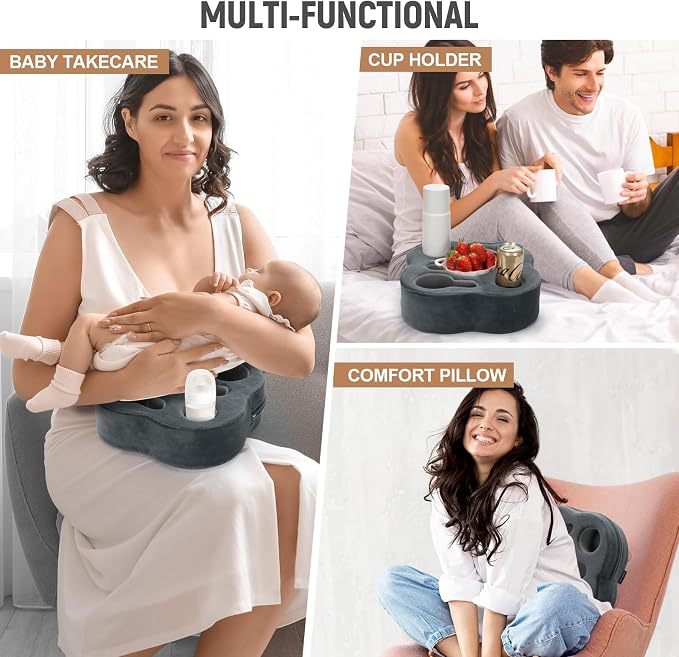 Couch Cup Holder Pillow, Sofa Organizer Caddy, Grey, 12x12x3.7Inch | Tray Pillow, Sofa Pillow Drink Tray Bed Refreshment Caddy for iPad, Drinks, Remotes, Phones, Snacks, Removable, Washable
