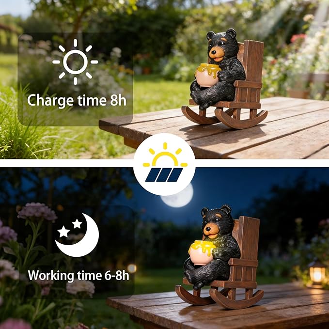 Sheaifun Solar Garden Statues Black Bear Decor Resin Bear Statues Outdoor with Solar Light Animal Figurine for Outside Yard Lawn and Patio Decorations Gardening Gifts for Women 3.5 * 5.5 * 6.25 Inch