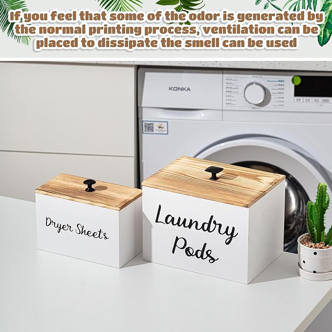 Dandat 2 Pcs Wood Rustic Laundry Dryer Sheet Holder Pod Container with Lid 8.7 x 6.3 x 6.4 Inch Laundry Pod Holder 7.3 x 3.7 x 5 Inch Dryer Sheet Dispenser Wooden Box Container(White)