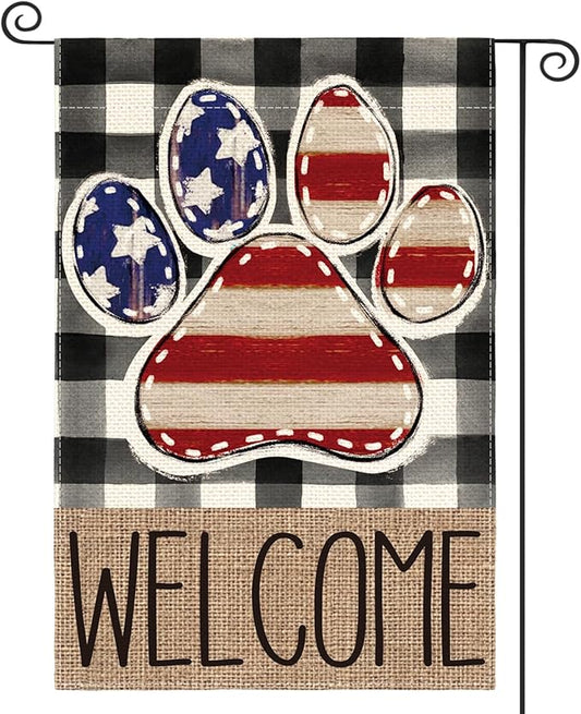 AVOIN colorlife American Flag Paw Print Patriotic 4th of July Garden Flag 12x18 Inch Double Sided Outside, Welcome Buffalo Plaid Yard Outdoor Decoration