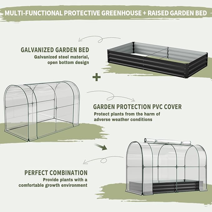 SUNYRISY Galvanized Raised Garden Bed with Greenhouse, Outdoor Metal Planter Box with Plant Bed Cover, Garden Box Protection for Gardening Vegetables Flowers Herbs Planting, Black
