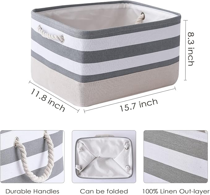 TheWarmHome Storage Basket Fabric Basket with Handles Dog Toy Basket Cloth Storage Bin Shelf Basket Decorative Storage Basket Shoe Basket Gift Basket(Grey&White Stripes-1 Pack,15.7L×11.8W×8.3H)