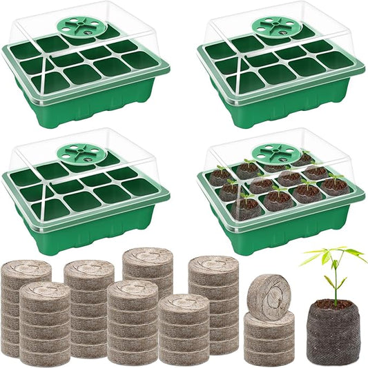 Halatool 4 Pack Seed Starter Tray with 50 PCS Peat Pellets, 48 Cells Green Seeding Starter Trays for Organic Seed Starter Soil Pods for Planting Vegetables Plants Flowers - Starting Seeds Kit