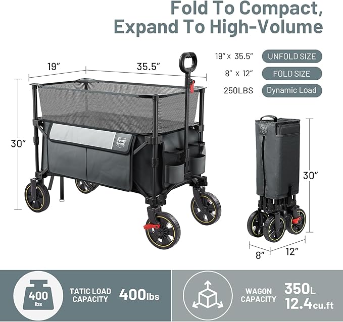 Timber Ridge 350L Extra Large Collapsible Folding Wagon Carts with Brake, Heavy Duty Outdoor Camping Utility Wagons with Extended Height, Adjustable Handle, Cup Holders, Side Bag (Gray)