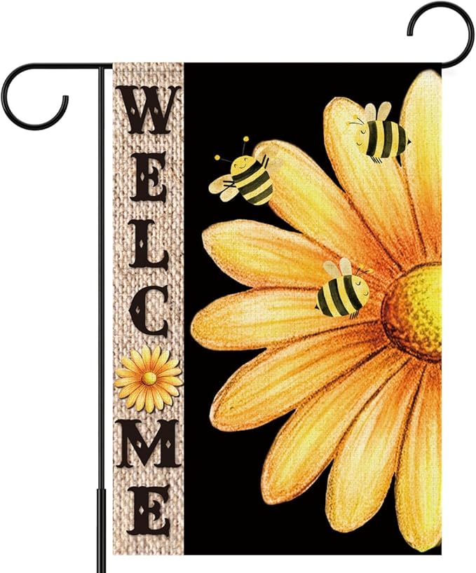 Welcome Flags for Outside,Bee Daisy Summer Garden Flag for Yard Patio Lawn Decoration,12x18 Inch Double Sided