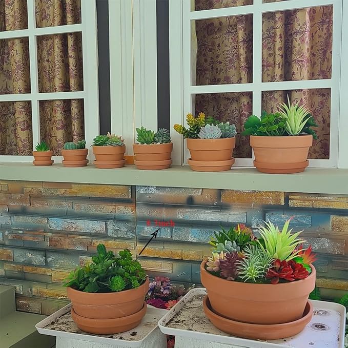 Yishang Large Terracotta Pots for Succulent - 8 Inch Cactus Plant Containers Indoor Garden Bonsai Pots with Drainage Hole - Set of 3, Unglazed Clay Ceramic Pottery Planter