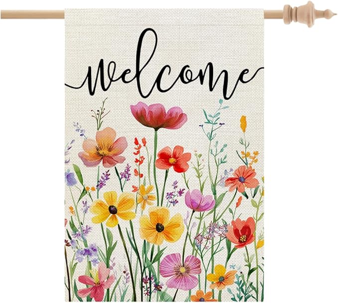 CROWNED BEAUTY Spring House Flag Wildflowers Floral Double Sided 28x40 Inches Large Burlap Welcome Holiday Seasonal Yard Decoration for Outside Porch CF1761-40