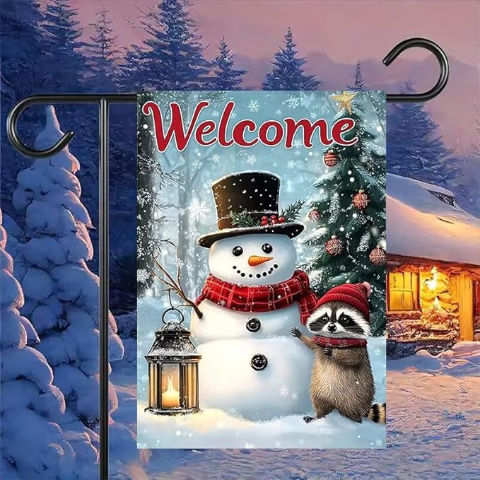 Welcome Winter Garden Flag 12x18 Double Sided, Small Burlap Seasonal Snowman Raccoon Bear Garden Flag Winter Christmas Outdoor Yard Decorations Porch Lawn Flags for Outside
