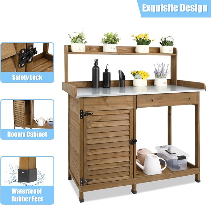 Ketive Outdoor Garden Potting Bench Table, 41" L Wooden Potting Table Work Bench for Horticulture, Waterproof Workstation Table with Metal Tabletop/Cabinet/Drawer/Open Shelf (Brown)