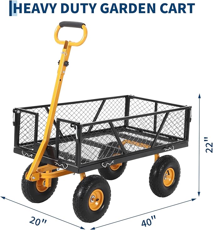Heavy Duty Steel Garden Cart, 950 LBS Load Capacity Garden Wagon with 10 inch Tire and 180° Rotating Handle Attach to ATV or Tractor, Black