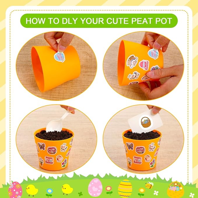 Domensi 30 Pack Garden Pot Craft Kit 4 Inch DIY Happy Easter Crafts for Kids Bulk Small Plastic Spring Flower Plant Pot Plastic Planter with Tray Drainage Holes with Tag, Certificate of Award, Sticker