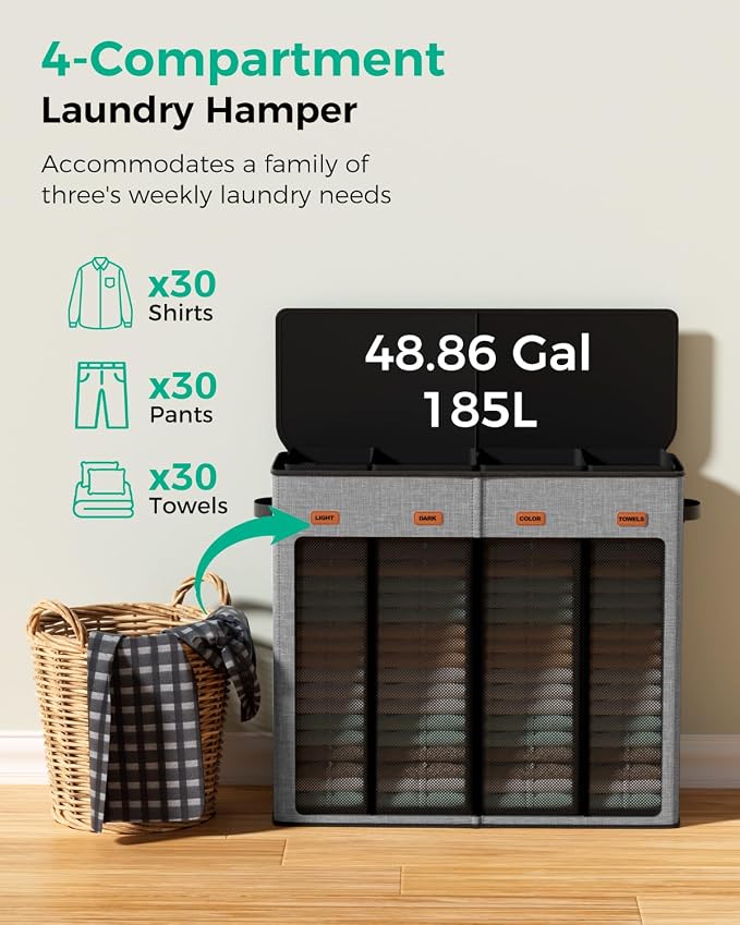 185L Laundry Hamper 4 Section with Lid & Removable Bags | Collapsible laundry basket organizer for laundry room, bedroom & dorm with 5 removable washing bags