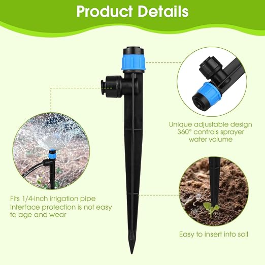30 Pcs Drip Irrigation Emitters with Stake - Adjustable Vortex emitter for 1/4" Drip Line Irrigation Tubing - Drippers, Sprinkler Heads for Garden Watering System - Blue