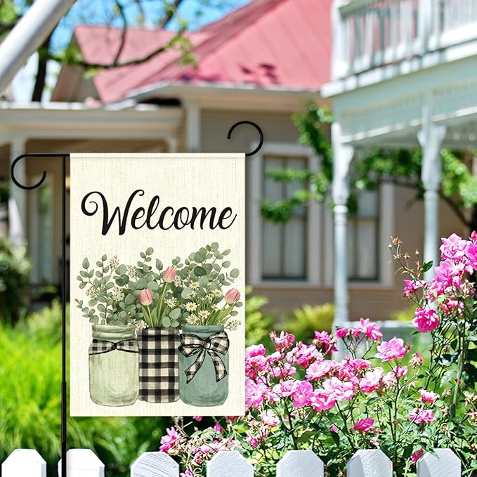 Welcome Flags for Outside,Spring Eucalyptus Buffalo Plaid Garden Flag for Yard Patio Lawn Decoration,12x18 Inch Double Sided