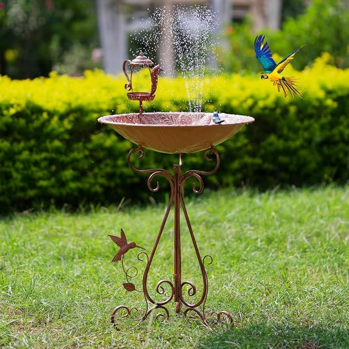 VEWOGARDEN Large Metal Bird Bath for Outside Garden Standing Birdbath with Feeder for Outdoors Yard Patio Lawn Decoration, Brown