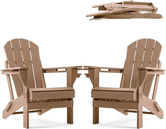 Folding Adirondack Chair, HDPE Outdoor Texture Lawn Chair with Reclining Back, Cup and Phone Holder - Comfortable Firepit Chair Weather Resistant for Patio or Backyard (Brown, Set of 2)