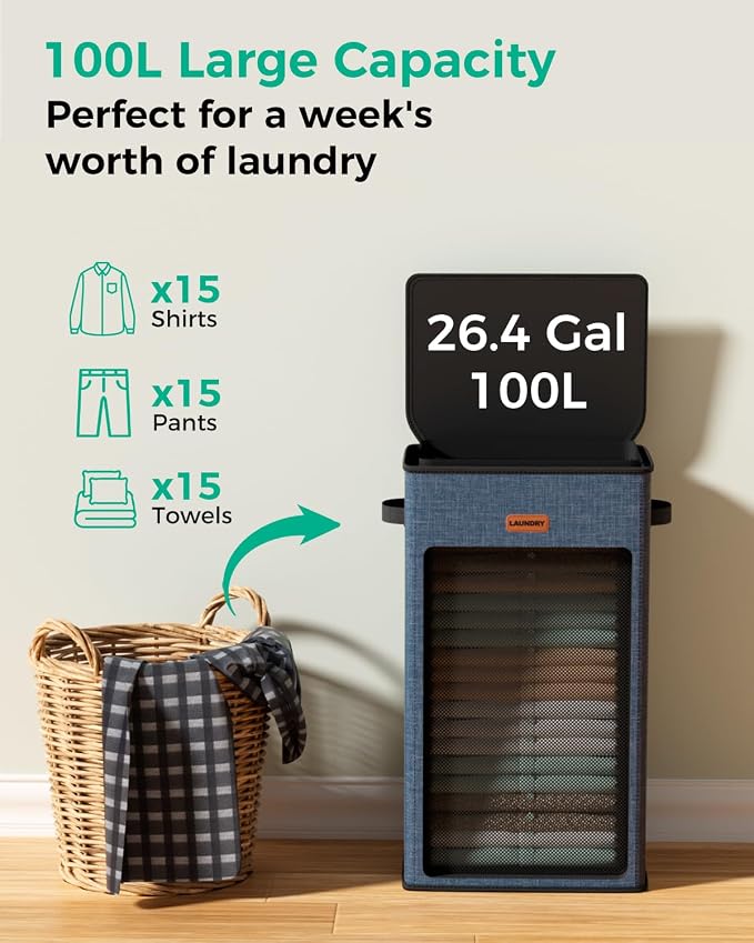 100L Laundry Hamper with Lid, Sturdy Clothes Hamper Heavy-Duty Laundry Basket Supports 30lb, Collapsible for Bathroom Bedroom Laundry Room Dorm