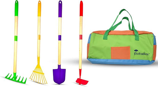 JustForKids Kids Garden Tool Set,detatchble, Portable 4-Piece Multicolored Set for Gardening, 2-Pack with Travel Bag, Ages 5+