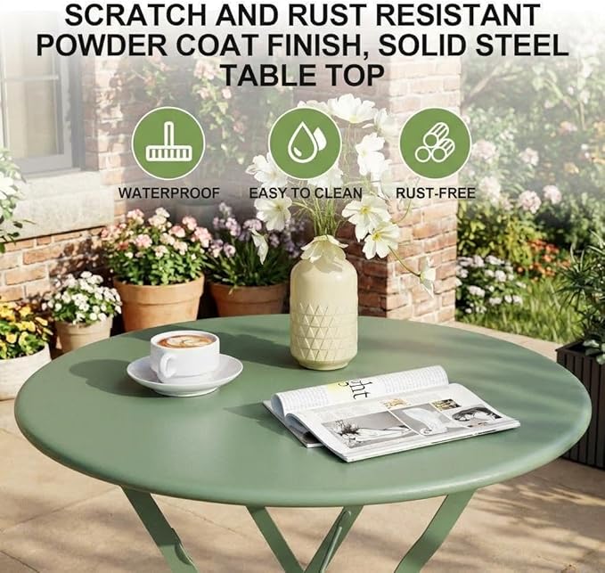 Garvee 3-Piece Folding Bistro Set Outdoor Patio Furniture, Space-Saving Foldable Chairs & Table with Heavy-Duty Powder-Coated Steel Frame, No Assembly Required, for Garden, Balcony, Backyard, Green