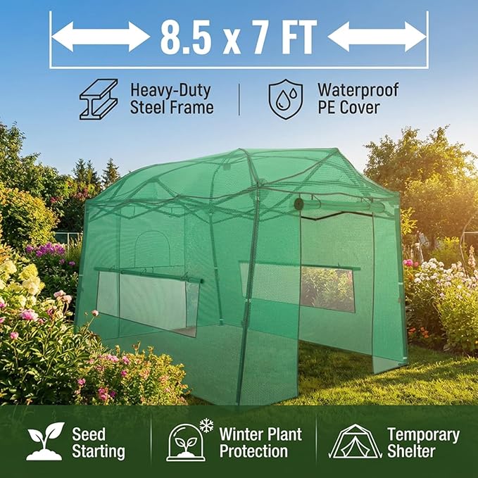 8.5 x 7 ft Pop-up Greenhouse, Walk-in Green House for Indoor Outdoor, Plant Garden Green House with Zippered Doors, Screen Windows, Heavy Duty Frame and Weather-Resistant Durable PE Cover
