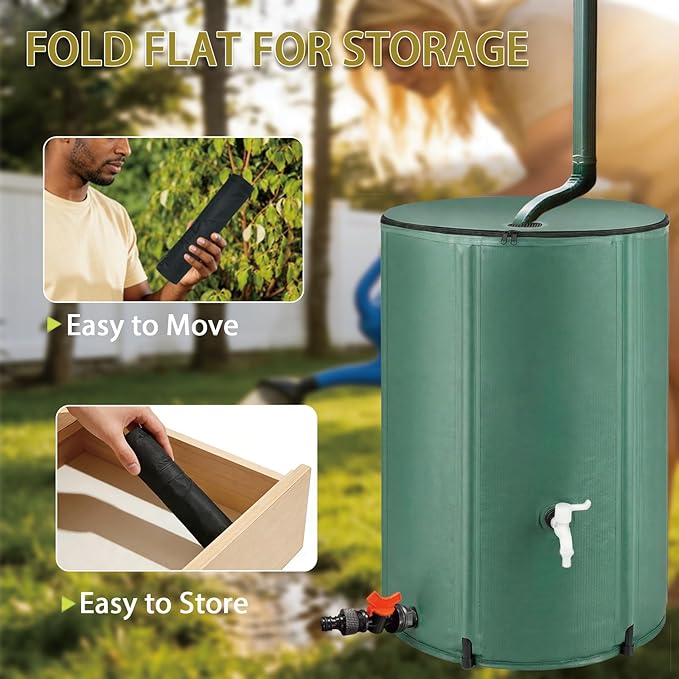 100 Gallon/380L Collapsible Rain Barrel,Foldable PVC Rain Barrel with Spigots,Top Mesh Cover and Overflow Valve,Designed to Collect Rainwater from Gutter Downspouts for Garden,Lawn,and Cleaning Floors