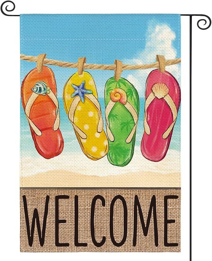 AVOIN colorlife Summer Beach Flip-flop Garden Flag 12x18 Inch Double Sided, Welcome Seasonal Holiday Burlap Yard Outdoor Decoration