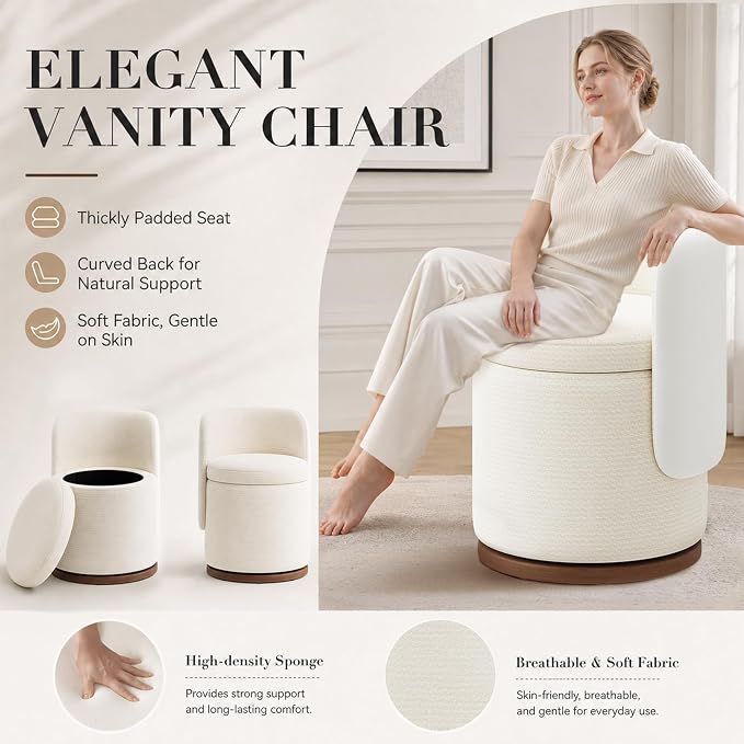 Ottoman with Storage, Round Vanity Stool with Back | 22L Hidden Seat, 360° Swivel, Reversible Lid, No Wheels, Upholstered Makeup Footstool for Bedroom