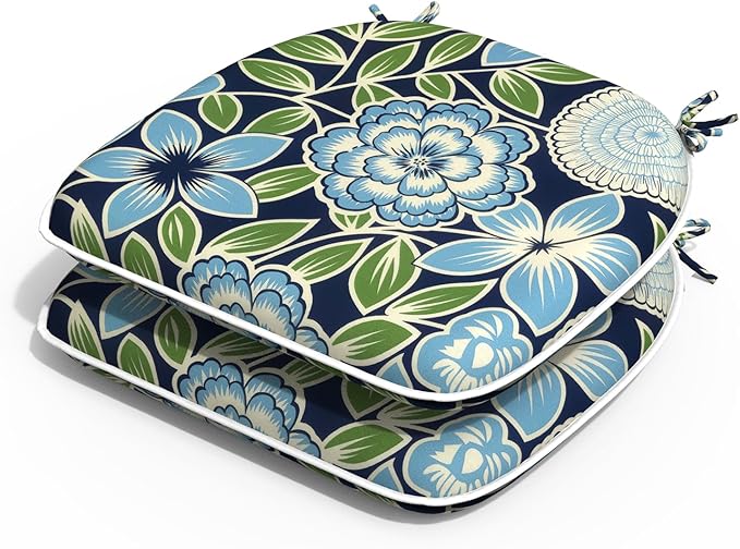 Outdoor Chair Cushions 16"x17" Set of 2, Water Resistant Patio Chair Pads with Ties, Seat Cushions for Home Garden Furniture Decoration, Azure Bloom