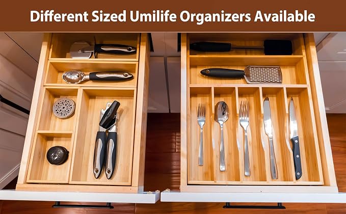 Umilife Drawer Organizer Storage Boxes, 2.5" High Bamboo Drawer Dividers, 3 Rearrangeable Bins for Kitchen, Office Desktop, Clothing, Makeup, vanity, Jewelry