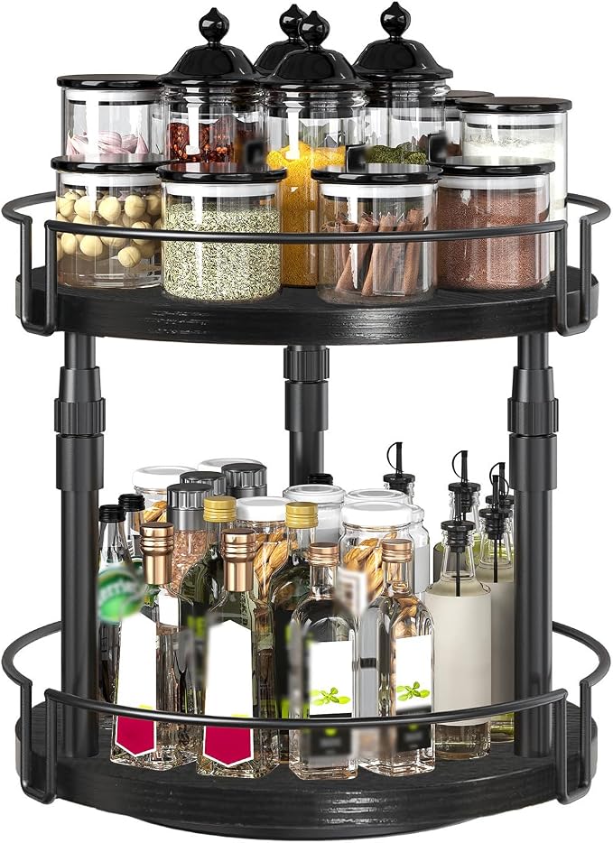 HOOBRO Lazy Susan Organizer Spice Rack, 2-Tier Height Adjustable Rotating Lazy Turntable Spice Organizer, for Kitchen Countertop and Cabinet, Black BB05TL01