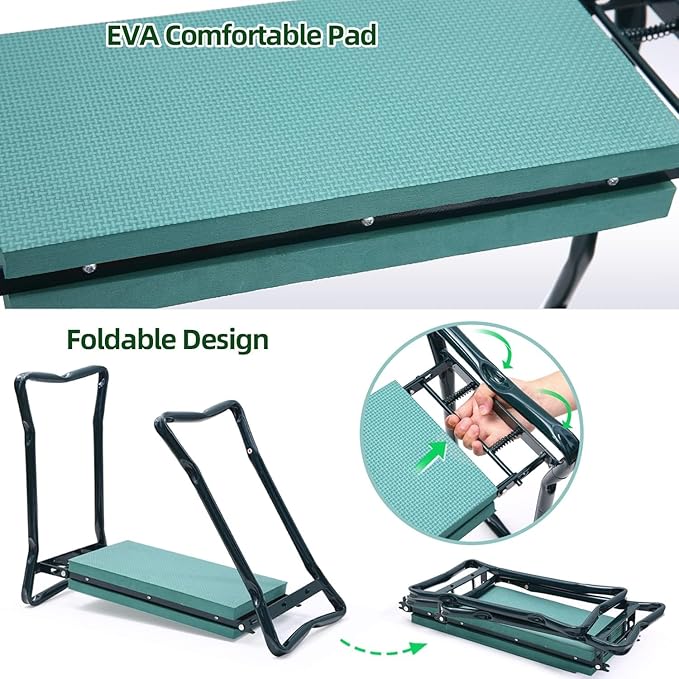 Ohuhu Garden Kneeler and Seat Heavy Duty, Upgraded Gardening Stool with Thicker and Wider EVA Foam Kneeling Pad Foldable Garden Bench with 2 Large Tools Pouches, Christmas Gardening Gifts for Seniors