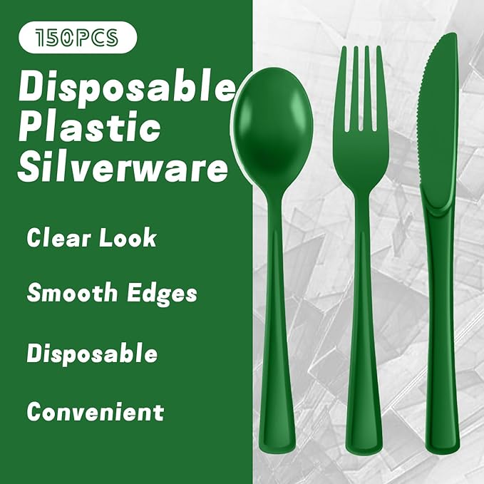 Plastic Silverware 150 PCS Disposable Silverware Heavy Duty Utensil Sets 50 Of Each Forks Knives & Spoons Disposable Cutlery Set For Easter,Birthday,Baby Shower,Garden Party,Wedding(150,Green)