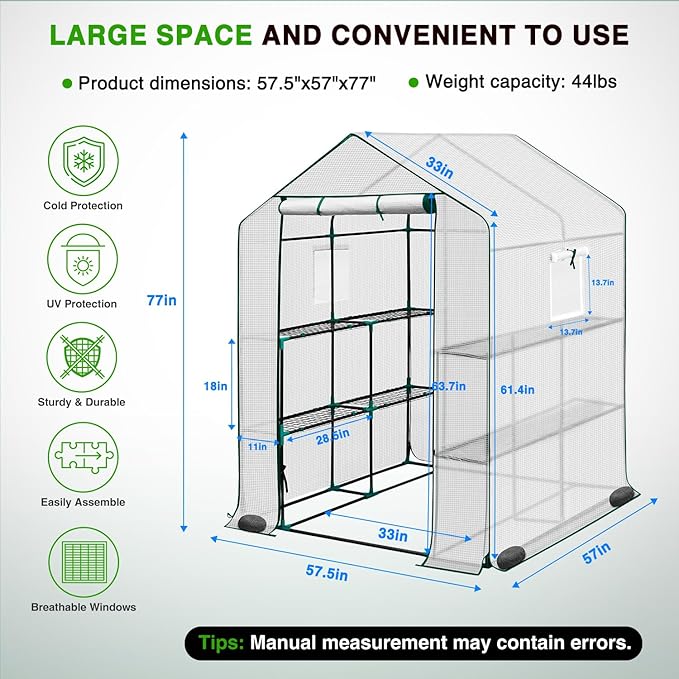 Yesker Greenhouse 57.5"x57"x77" Walk in Green House - Large Outdoor/Indoor Greenhouses with 8 Shelves Waterproof PE Cover & Windows, Portable Greenhouse Kit for Winter Backyard Gardening Patio, White