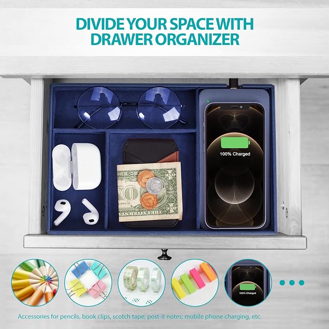Valet Tray, Built in Wireless Charging Pad, Nightstand Organizer