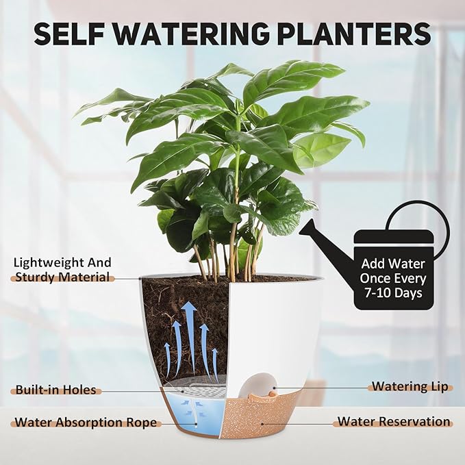 YNNICO 12 Inch Large Self Watering Plant Pot Set, Flower Pots with Multi-Mesh Drainage Holes and Saucer, Suitable for Indoor and Outdoor Garden Plants, White.