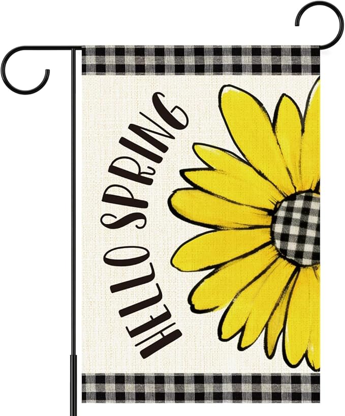 Hello Spring Flags for Outside,Buffalo Plaid Daisy Garden Flag for Yard Patio Lawn Decoration,12x18 Inch Double Sided