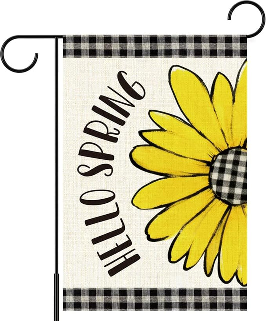 Hello Spring Flags for Outside,Buffalo Plaid Daisy Garden Flag for Yard Patio Lawn Decoration,12x18 Inch Double Sided