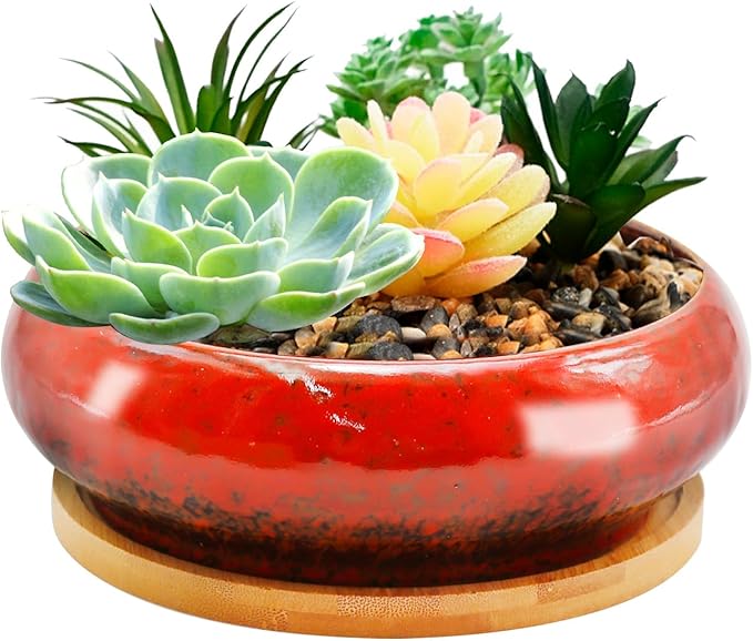 7.4 inch Ceramic Bonsai Pots with Trays Shallow Planters, Succulent Planters with Drainage Hole, Round Large Shallow Pots, Bonsai Pots Garden Decorative Cactus Stand Flower Container (Red)